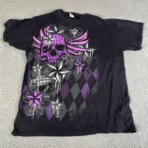 Vintage Skull T Shirt Mens Large Black Purple Graphic Argyle Short Sleeve  Y2K